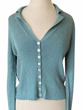 Lindex Teal Ribbed Knit Cardigan Pearl Button Fitted Long Sleeve EU M / Est US S